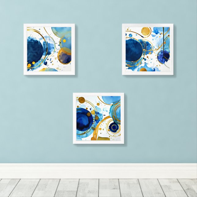 Blue and gold abstract wall art sets (Wood Floor)