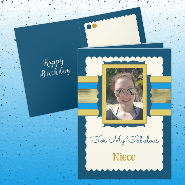 Blue and gold add photo niece birthday card (Creator Uploaded)