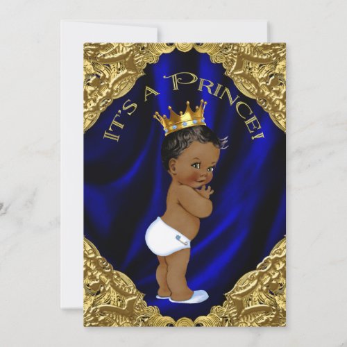 Blue and Gold African American Prince Baby Shower Invitation
