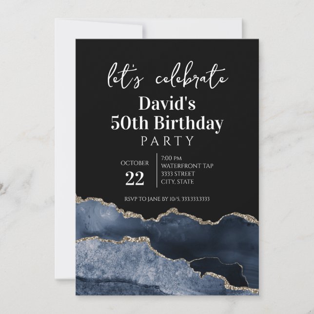 Blue and Gold Agate 50th Birthday Party Invitation (Front)