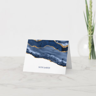 Blue and Gold Agate Border Personalized Folded Thank You Card