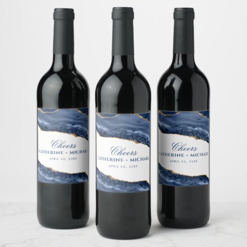 Blue and Gold Agate Border Wedding Favor Wine Label