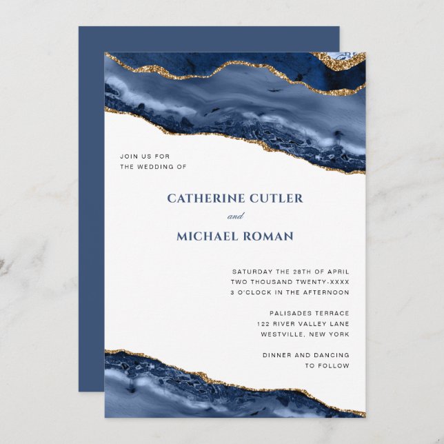 Blue and Gold Agate Border Wedding Invitation (Front/Back)