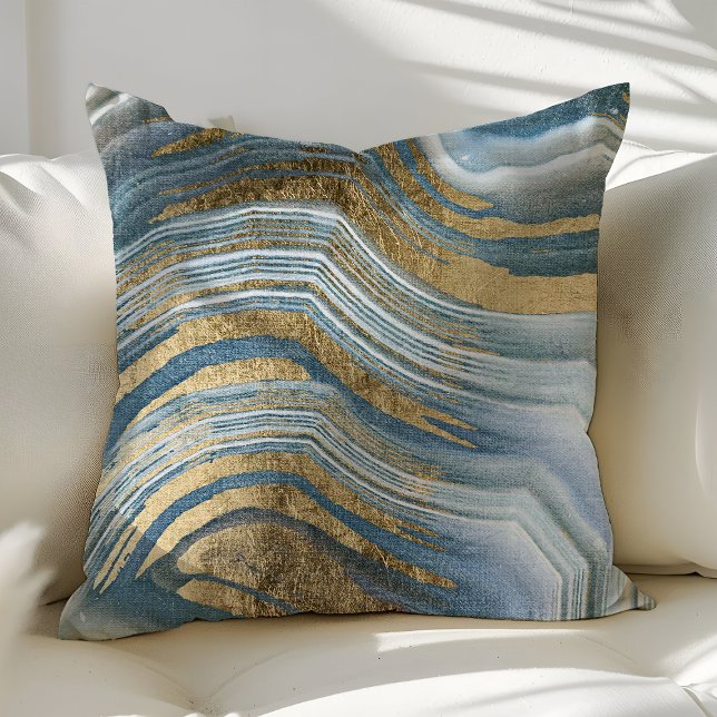 Blue And Gold Agate Gemstone Geode Modern Trendy Throw Pillow (Creator Uploaded)