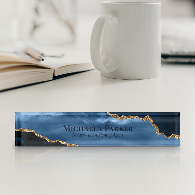 Blue and Gold Agate Geode Elegant Professional Desk Name Plate (Creator Uploaded)