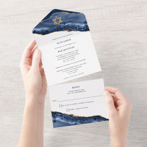 Blue and Gold Agate Geode Rock Bar Mitzvah All In One Invitation
