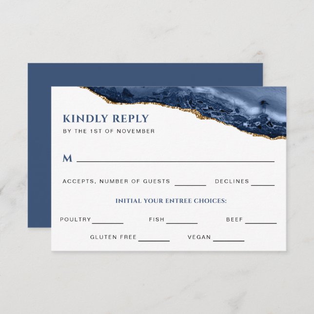 Blue and Gold Agate Geode Wedding Reply Card (Front/Back)