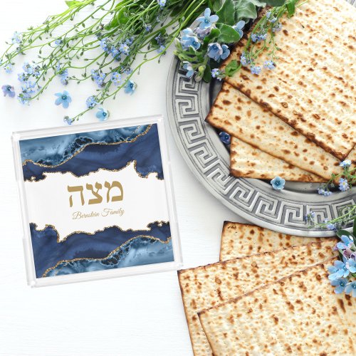 Blue and Gold Agate Hebrew Passover Matzah Acrylic Tray