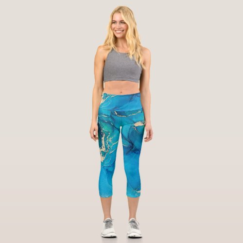 Blue and Gold Agate Marble Abstract Name Monogram  Capri Leggings