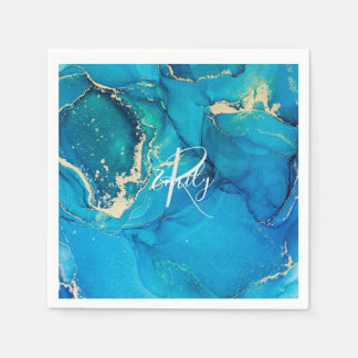 Blue and Gold Agate Marble Abstract Name Monogram Napkins