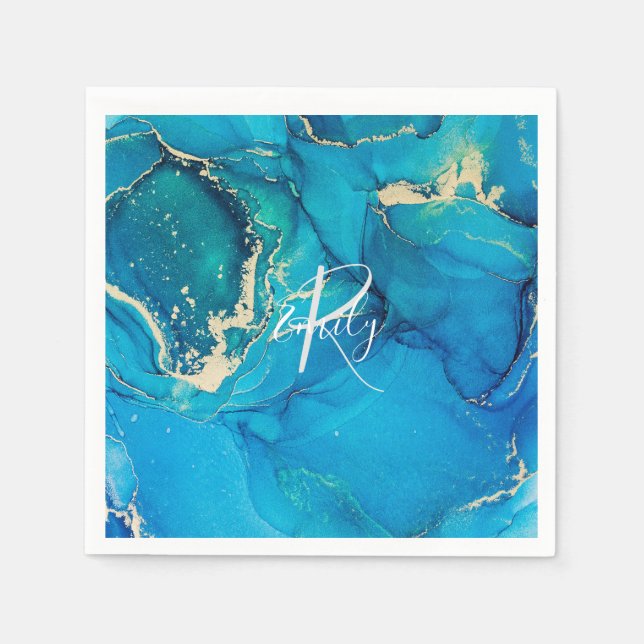 Blue and Gold Agate Marble Abstract Name Monogram Napkins (Front)