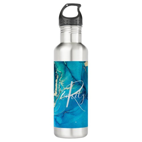 Blue and Gold Agate Marble Abstract Name Monogram Stainless Steel Water Bottle
