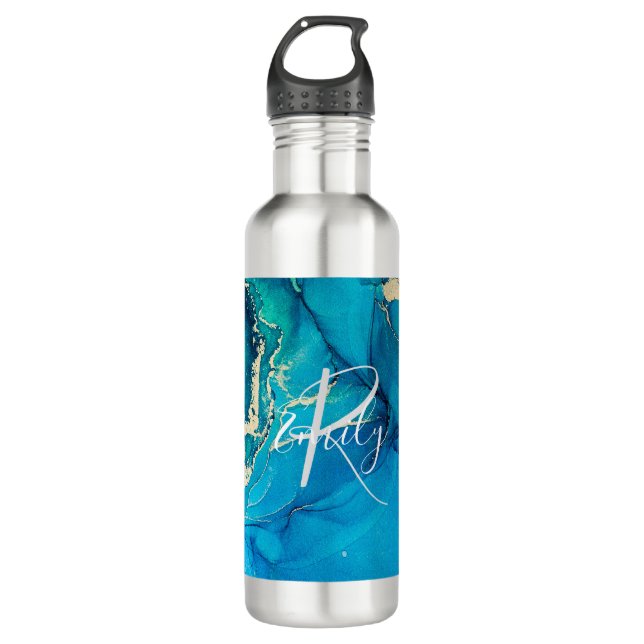 Blue and Gold Agate Marble Abstract Name Monogram Stainless Steel Water Bottle (Front)