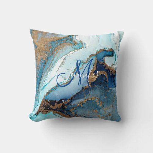Blue and Gold Agate Marble Geode Kintsugi Monogram Throw Pillow