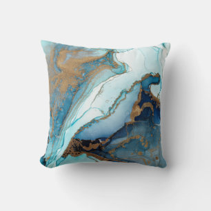Blue and Gold Agate Marble Geode Kintsugi Throw Pillow