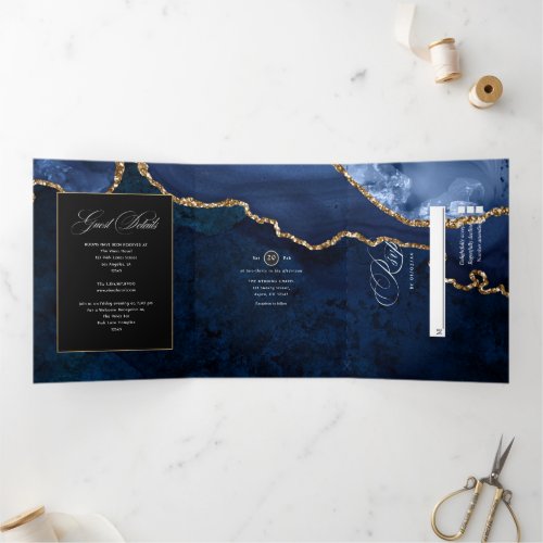 Blue and Gold Agate Wedding Tri_Fold Invitation