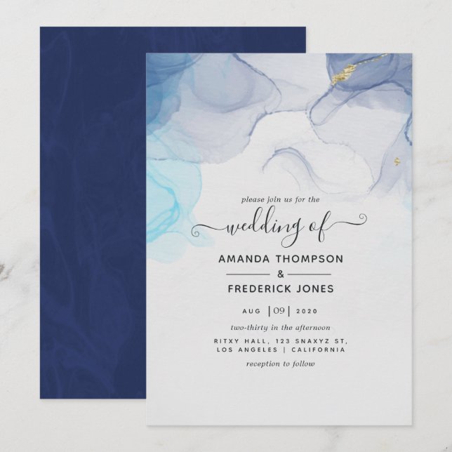 Blue and Gold Alcohol Ink Wedding Invitation (Front/Back)