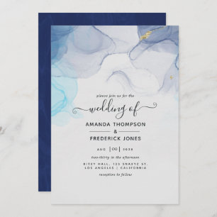 Blue and Gold Alcohol Ink Wedding Invitation