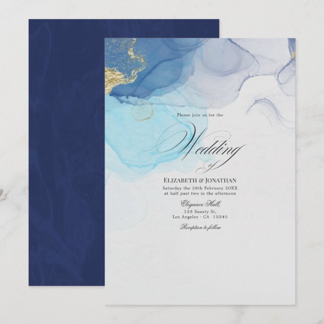 Blue and Gold Alcohol Ink Wedding Invitation (Front/Back)