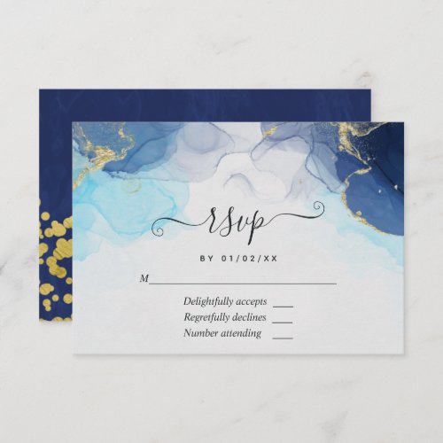 Blue and Gold Alcohol Ink Wedding RSVP Card