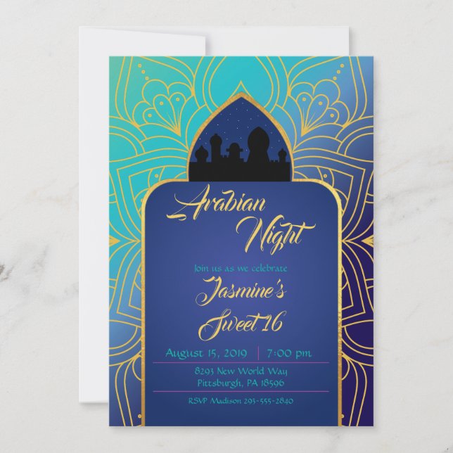 Blue and Gold Arabian Nights Moroccan Birthday Invitation (Front)