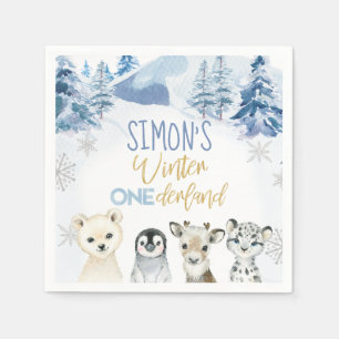 Blue and Gold Arctic Winter Onederland Birthday Napkins
