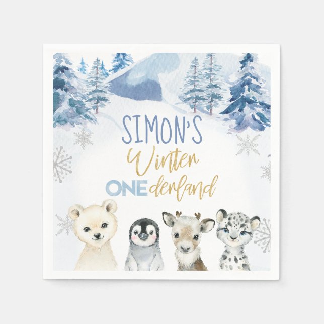 Blue and Gold Arctic Winter Onederland Birthday  Napkins (Front)