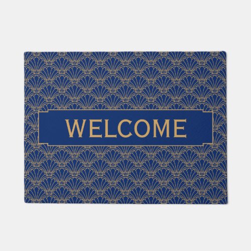 Blue and Gold Art Deco Fan Flower Motif Doormat