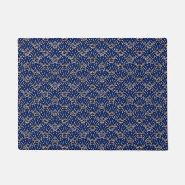 Blue and Gold Art Deco Fan Flower Motif  Doormat (Front)