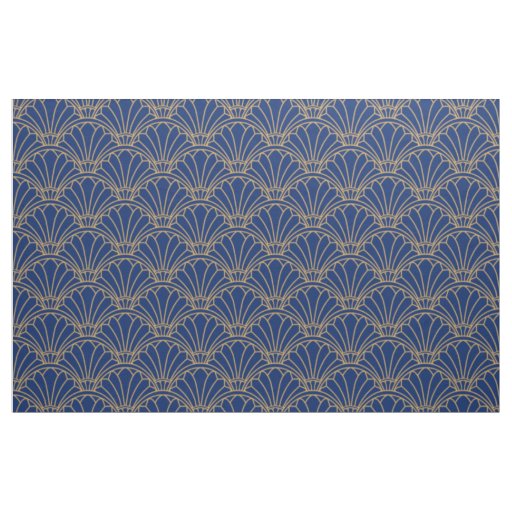Blue and Gold Art Deco Fan Flowers Motif  Fabric