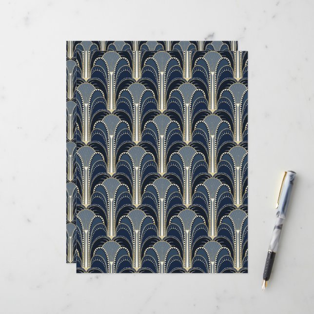 Blue and Gold Art Deco Fountain Scrapbook Paper (Front/Back In Situ)