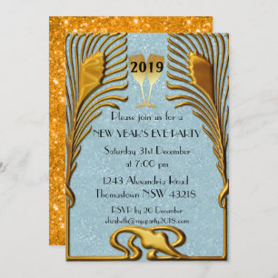 Blue and Gold Art Deco New Year's Eve Invitation