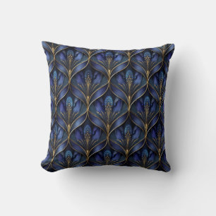 Blue and Gold Art Deco Pattern 1 Throw Pillow