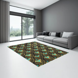 Blue and gold art deco pattern on black rug