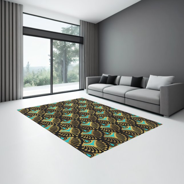 Blue and gold art deco pattern on black rug (Insitu (Indoor 3))