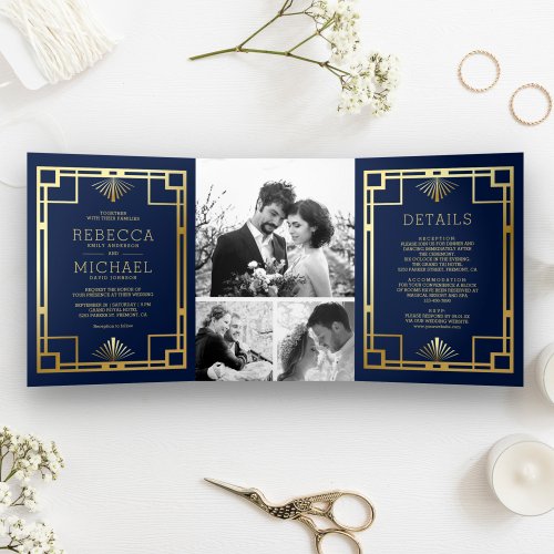 Blue and Gold Art Deco Photo Collage Wedding Tri_Fold Invitation