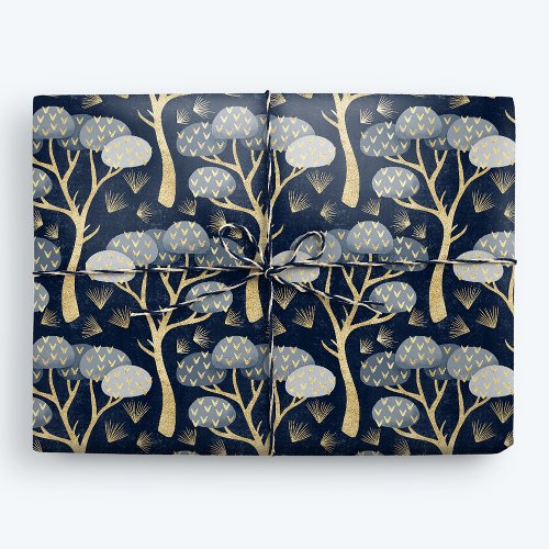 Blue and Gold Art Deco Pine Trees Wrapping Paper