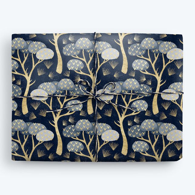 Blue and Gold Art Deco Pine Trees Wrapping Paper (Creator Uploaded)