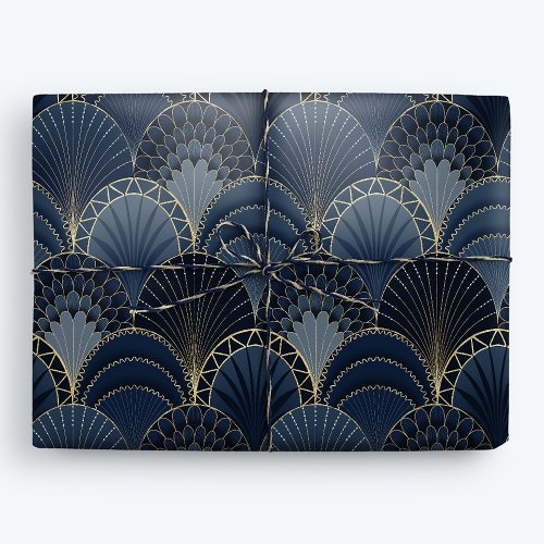 Blue and Gold Art Deco Scallop Luxury Wrapping Paper