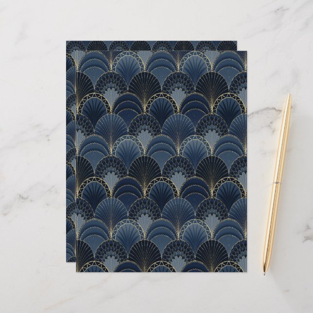Blue and Gold Art Deco Scallop Scrapbook Paper (Front/Back In Situ)