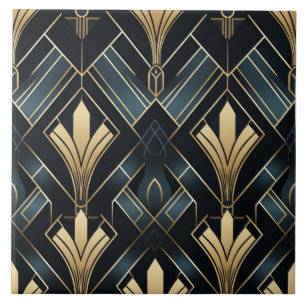 Blue and Gold Art Deco, Shiny and Dark Ceramic Tile