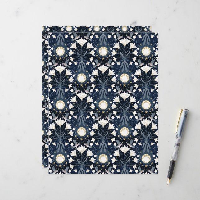 Blue and Gold Art Nouveau Moon Scrapbook Paper (Front/Back In Situ)