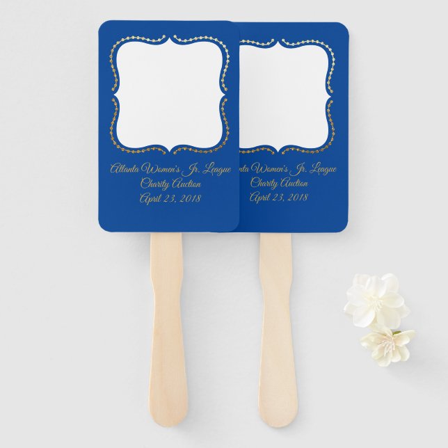 Blue and Gold Auction Paddle Hand Fan (Front and Back)