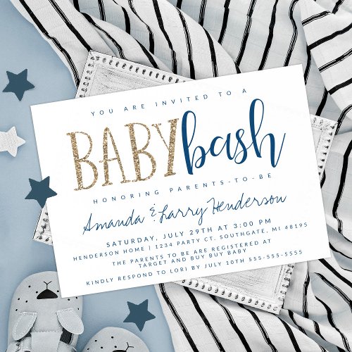 Blue and Gold Baby Bash Couples Baby Shower Invitation