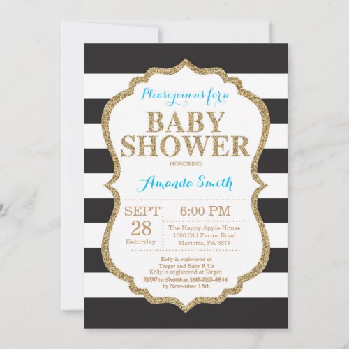Blue and Gold Baby Shower Invitation Glitter