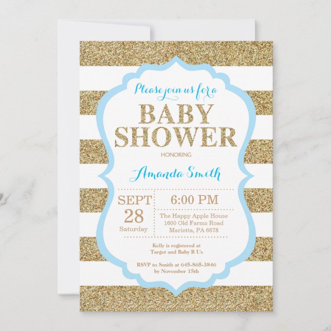 Blue and Gold Baby Shower Invitation Glitter (Front)
