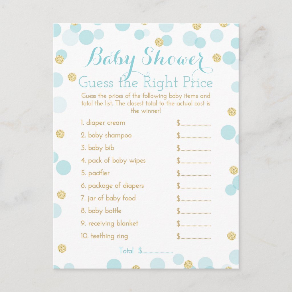 Blue and Gold Baby Shower Right Price Game Invitation Postcard