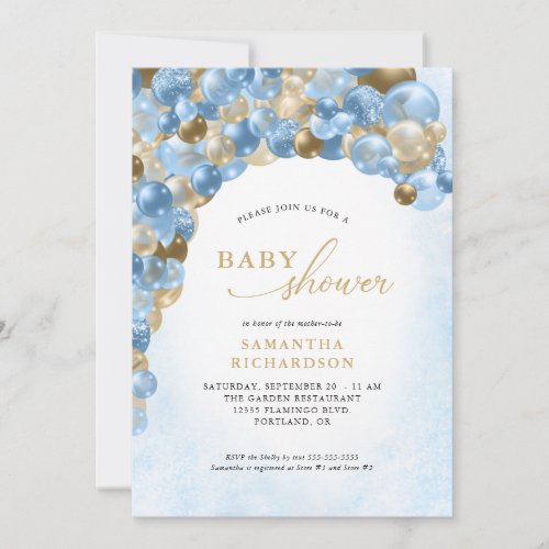 Blue and Gold Balloon Arch Boy Baby Shower Invitation