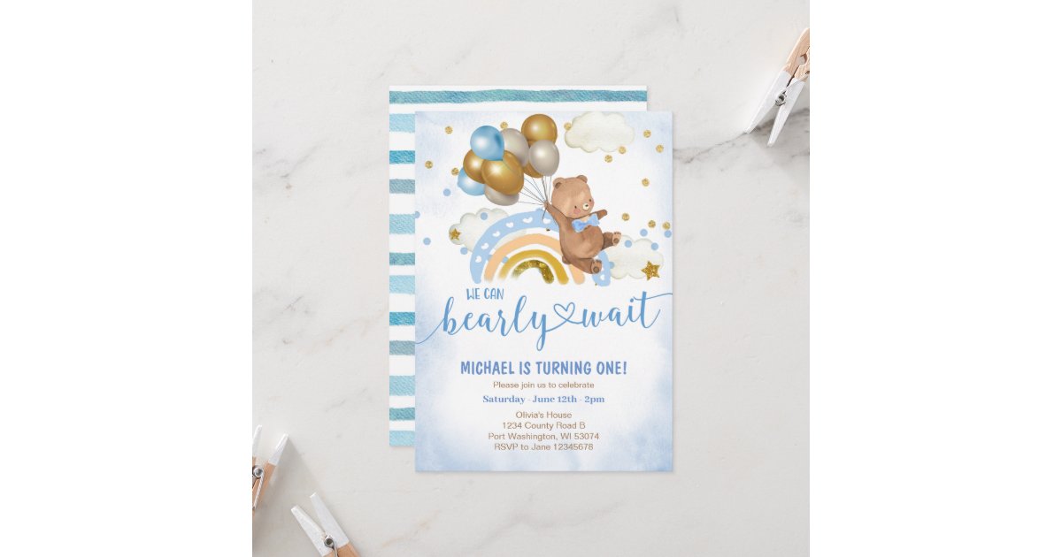 Blue and Gold Balloon Teddy Bear Birthday Party Invitation | Zazzle