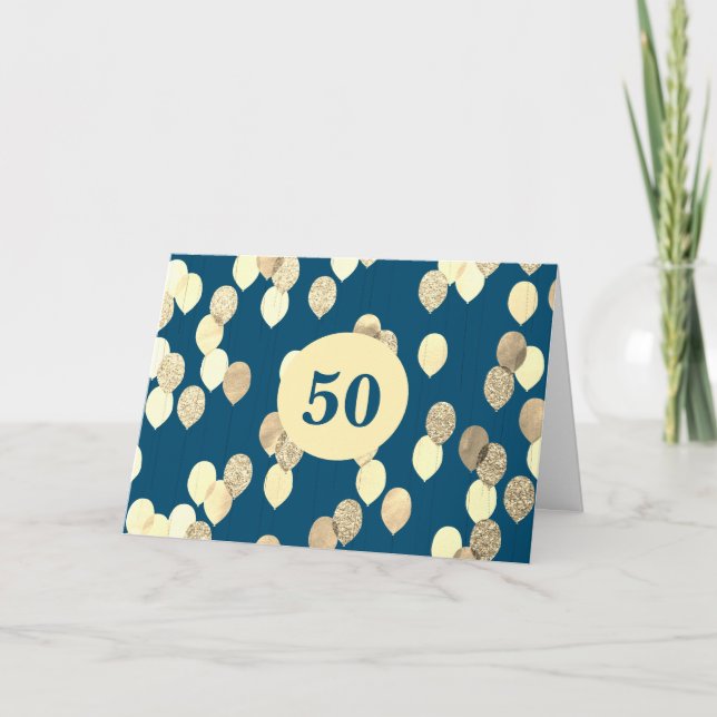 Blue and Gold Balloons 50th Birthday Card (Front)